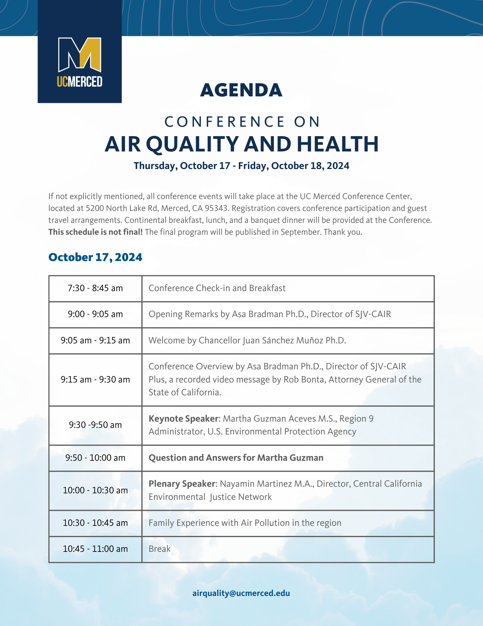 Displays the schedule for the first half of October 17th or the UC Merced Air Quality and Health Conference