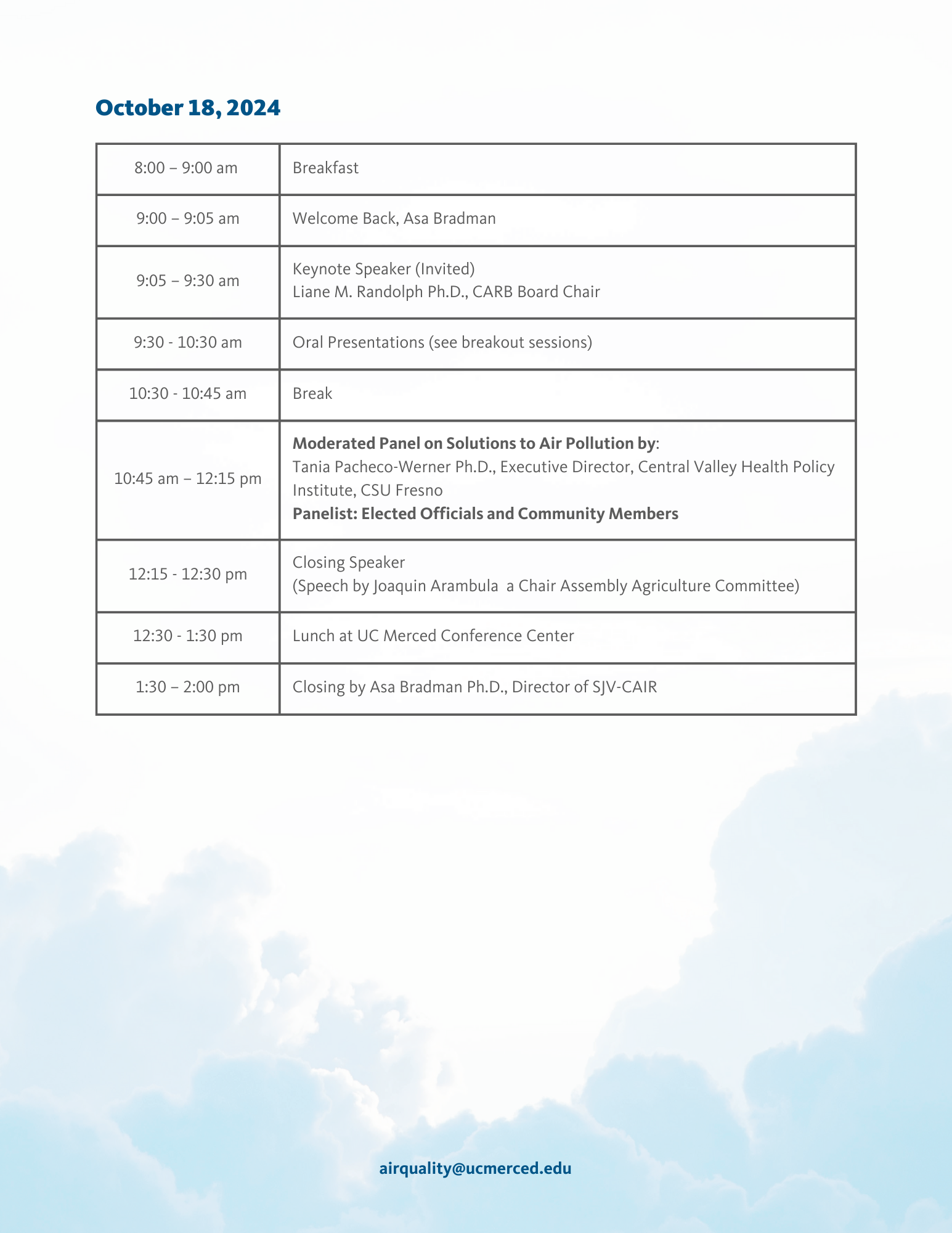 Displays the Schedule for October 18th for the UC Merced Air Quality and Health Conference